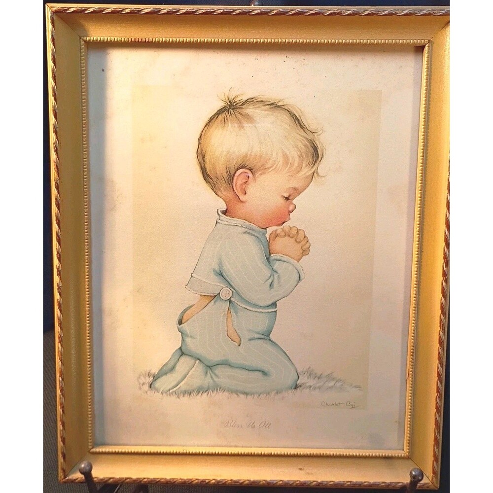 Vintage Nursery Print  Charlot Byj, Little Boy in Pajamas praying, Bless Us All